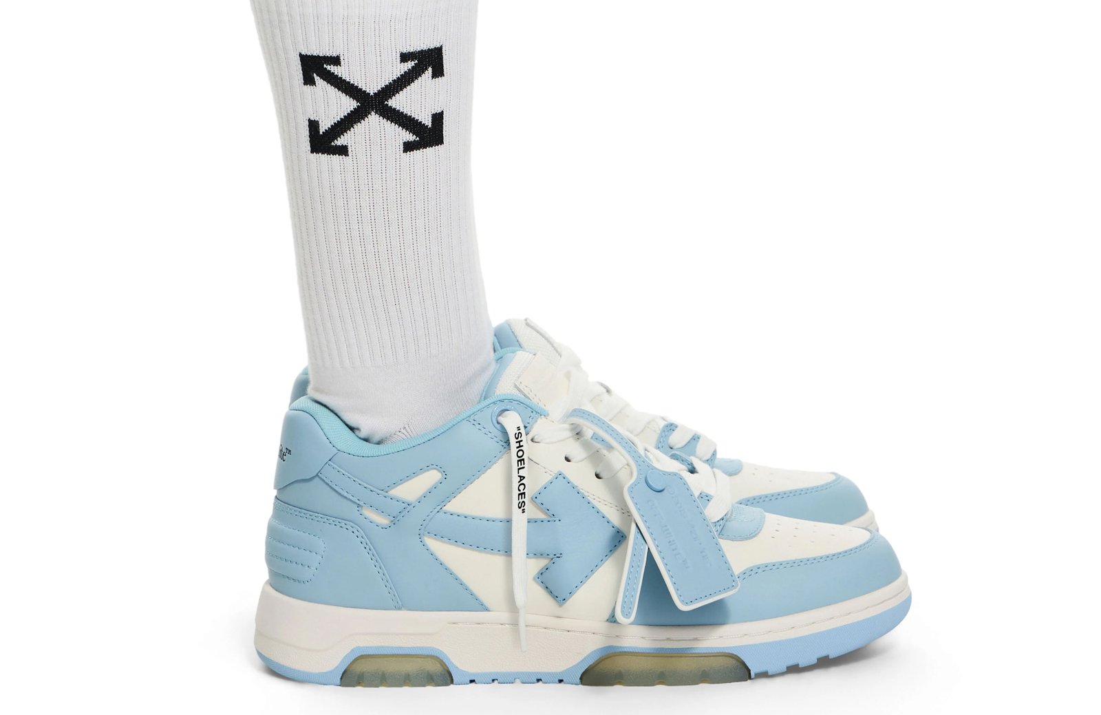 Off-White: light blue sneaker worn with a white logo sock